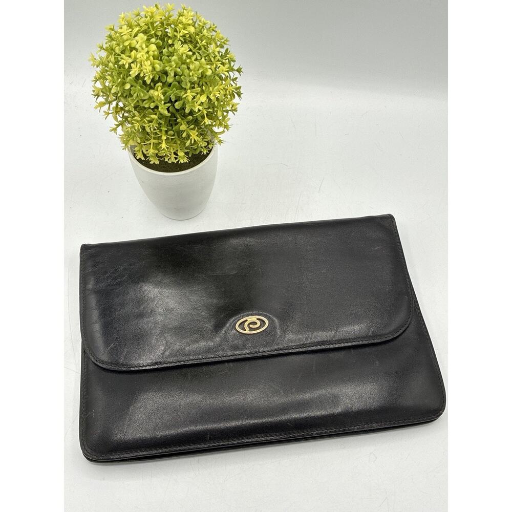 Vintage Pappagallo Black Leather Envelope Clutch Purse Made in Italy Gold Snap